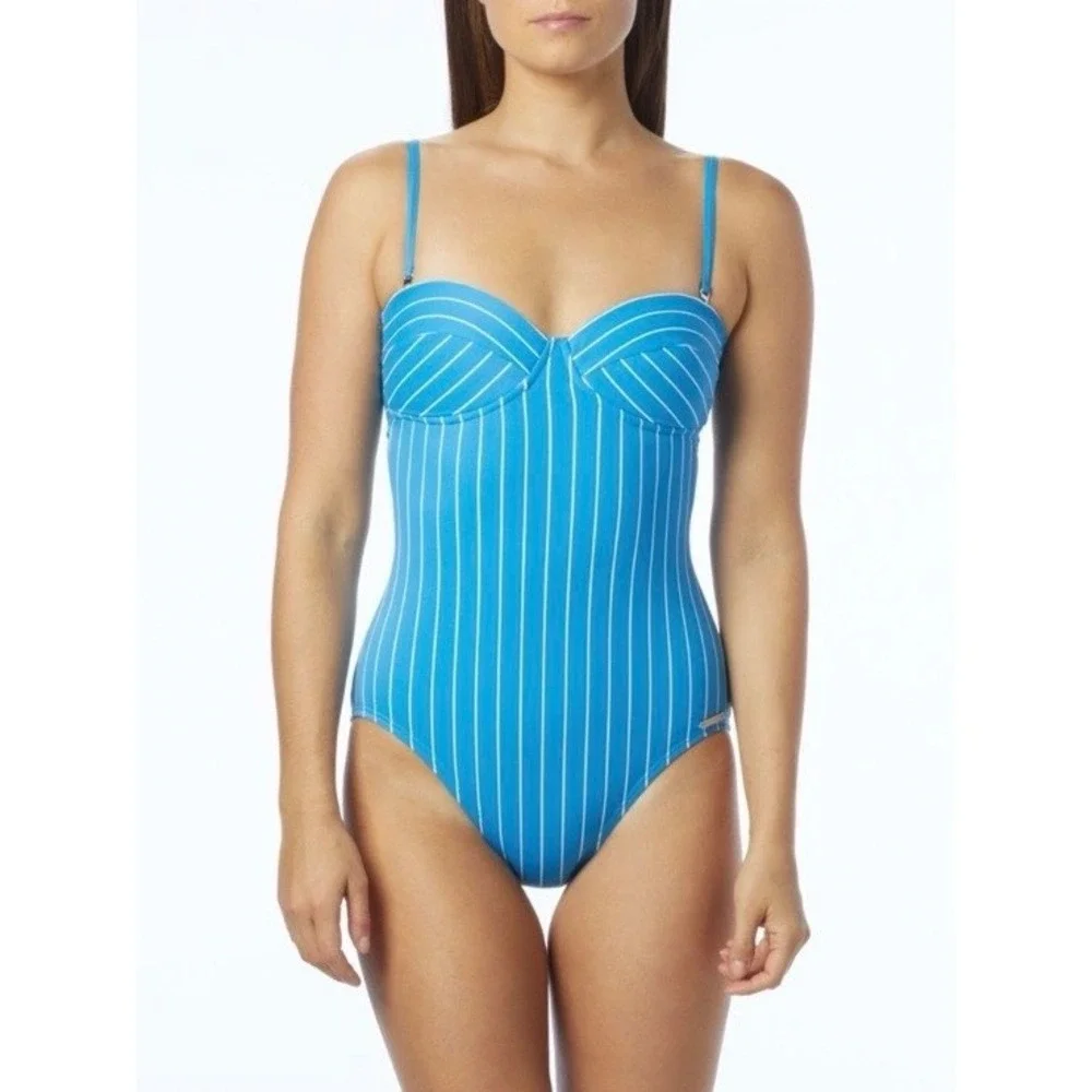 Vince Camuto Pinstripe One Piece Swimsuit Womens 12 Misty Blue Beach Summer NEW